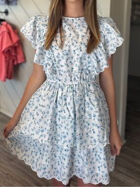 Simply Southern White Dress with Light Blue Floral Ruffle Tiers